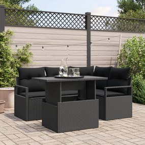 Conjunto de Sofá de Jardim com 5 Peças e Almofadas Preto Vime Poliéste