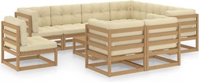 vidaXL 10 pcs conj. lounge jardim almofadões pinho maciço castanho mel
