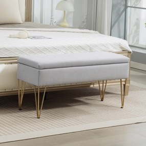 Banco para o Pé da Cama Estofado em Tecido Sintético com Pernas de Aço e Assento Acolchoado Cinzento Claro