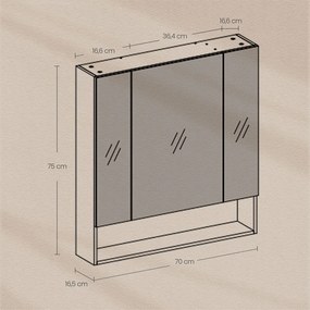 Armário de casa de banho com 3 portas com espelho 16,5 x 70 x 75 cm Branco 