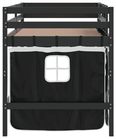 Cama alta criança c/ cortina 90x200cm pinho maciço branco/preto