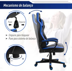 Cadeira ergonômica gaming de escritório Altura ajustável Reclinável Rotativo azul