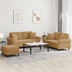 3 pcs conjunto de sofás com almofadas veludo castanho