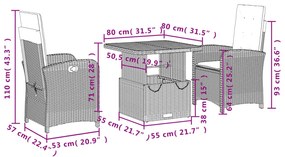 3 pcs conjunto de jantar p/ jardim com almofadões vime PE bege