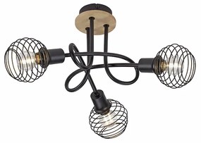 Foco de teto industrial preto com madeira 3 luzes - Winsten Industrial
