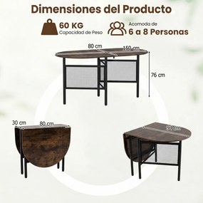 Mesa de jantar dobrável oval com abas rebatíveis para 6-8 pessoas, 150 x 80 x 76 cm, com pés metálicos Estilo Industrial castanho Rústico + preto