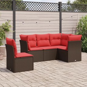 vidaXL 5 pcs conjunto sofás p/ jardim c/ almofadões vime PE castanho
