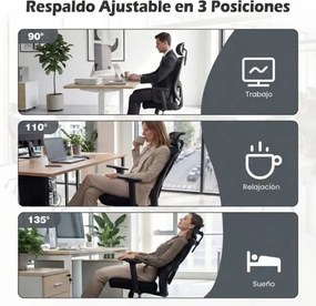 Cadeira ergonómica de escritório com apoio de cabeça ajustável e apoio lombar giratório e reclinável para casa, escritório Preto