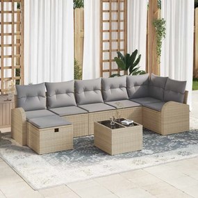 Conjunto de Sofá de Jardim de 8 Peças com Almofadas Bege Vime Poliéste