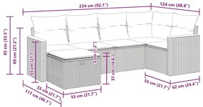 6 pcs conjunto de sofás p/ jardim com almofadões vime PE bege