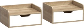 HOMCOM Conjunto de 2 mesas de cabeceira de parede, mesas de cabeceira com gaveta e tampo com rebordos elevados, 40x30x19,5cm, madeira natural | Aosom Portugal