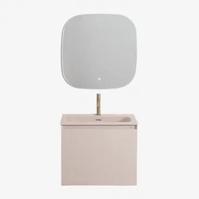 Conjunto De Móvel De Casa De Banho Suspenso Em Madeira Com Lavatório Integrado Macrae Crema Linho & Quadrado Led E Anti-embaciamento 75x75 Cm - Sklum