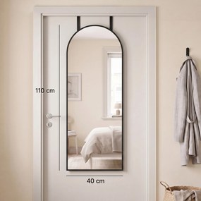 Espelho de Parede 40x110 cm com Design Arqueado e Ganchos Ajustáveis para Porta ou Parede Preto