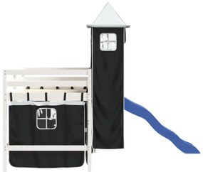Cama alta criança c/ torre 80x200 cm pinho maciço branco/preto