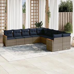 vidaXL 10 pcs conjunto sofás p/ jardim c/ almofadões vime PE cinzento