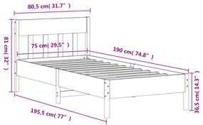 Estrutura de cama com cabeceira 75x190 cm pinho maciço
