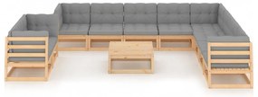 11 pcs conjunto lounge de jardim c/ almofadões pinho maciço
