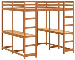 Cama alta com secretária e escada pinho maciço castanho-mel