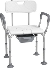 Cadeira de duche com orifício para sanita, balde, altura ajustável, pés antiderrapantes, carga máxima de 136 kg, em alumínio e HDPE branco