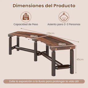 Banco Curvo para Exterior 170 x 58 x 45 cm para 2-3 Pessoas Capacidade de Carga de 360 kg Sem Encosto para Jardim Castanho