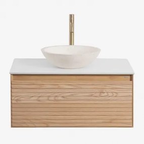 Conjunto De Móvel De Casa De Banho Suspenso 80x50 Cm Em Madeira De Freixo Tedrik Castanho Fresno & Cimento Redondo Branco Ø40 Cm Zavion & - Sklum
