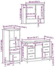 3 pcs conjunto de móveis WC madeira processada carvalho fumado
