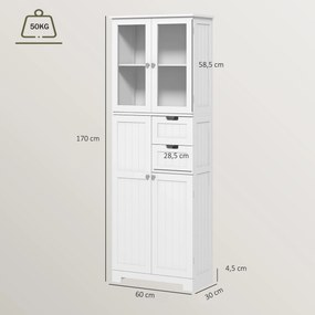 Armário de Casa de Banho Alto, 60 x 30 x 170 cm, 4 Portas e 2 Gavetas, Branco