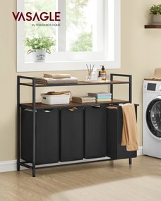 Cesto da roupa suja 115,6 x 33 x 92 cm com 4 compartimentos e 2 prateleiras, castanho vintage-preto