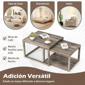 Conjunto de 2 mesas de centro encaixáveis, mesas auxiliares retangulares empilháveis com estante de armazenamento, estrutura em madeira cinzenta
