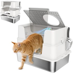 PawHut Caixa de Areia para Gatos de Aço Inoxidável XL Caixa de Areia para Gatos Grandes com Tampa Abatível Entradas Altas, Pá sem Odores Fácil de Limpar Antifugas Cinza Claro
