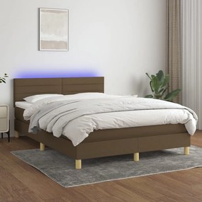 Cama box spring c/ colchão/LED 140x190cm tecido castanho-escuro