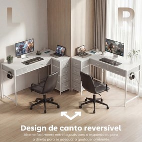 Secretária de Canto Reversível com 6 Gavetas 126x48 cm com Tomada de Energia Porta USB e USB-C Branco