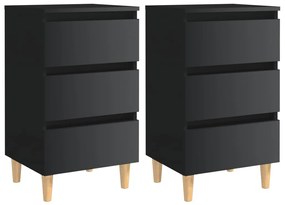 Mesas cabeceira pernas madeira 2pcs 40x35x69cm preto brilhante