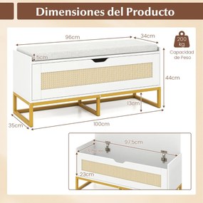 Banco com arrumação 100 x 35 x 44 cm com assento almofadado e dobradiças de segurança branco e dourado