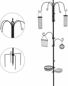 PawHut Estação de Alimentação para Pássaros com 6 Ganchos e 4 Comedouros Suspensos 58x58x226 cm Preta | Aosom Portugal