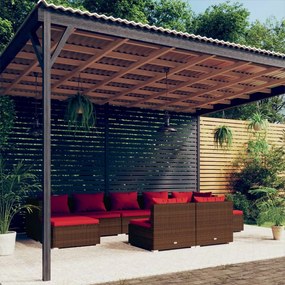 vidaXL 9 pcs conjunto lounge jardim c/ almofadões vime PE castanho