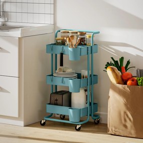Carrinho de Cozinha de Armazenamento com 4 Ganchos 3 Cestas Removíveis 3 Caixas Suspensas 42x38x86,5cm Azul