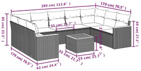 10 pcs conj. sofás jardim c/ almofadões vime PE bege misturado