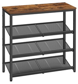 Estante para sapatos de 4 níveis com prateleiras ajustáveis | VASAGLE | 75 x 28 x 72,7 cm | marrom rústico|preto | LBS040B01.