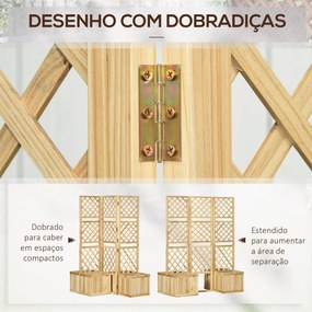 Outsunny Biombo Exterior com 3 Painéis de Madeira e 4 Floreiras Ecrã de Privacidade de Jardim com Floreira Orifícios de Drenagem Separador de Ambientes para Varanda Pátio 133x62x165cm Madeira
