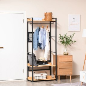 HOMCOM Cabide de entrada 2 em 1 com várias prateleiras e barra para pendurar para corredor Quarto sala de estar 80x40x190 cm Madeira natural preta