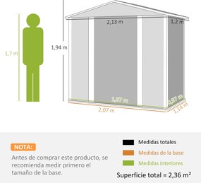 Abrigo de Jardim Exterior 2,36m² 213x120x194 cm com Base Reforçada (Piso NÃO Incluído) e Portas de Correr Madeira e Castanho