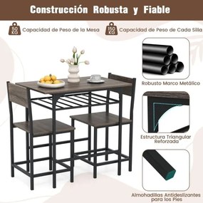 Conjunto de mesa de jantar com 2 cadeiras com prateleira aberta, estrutura metálica cinzento