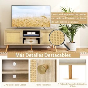 Móvel de TV 55” Rattan PE com 2 portas e prateleiras abertas 120 x 40 x 40,5 cm Natural