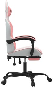 Cadeira gaming giratória c/ apoio pés couro artif. branco/rosa