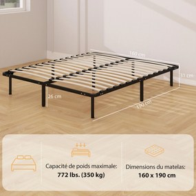 Cama de 160 x 190 cm, cama de casal em madeira maciça com base de ripas e pés, espaço de arrumação por baixo, preta