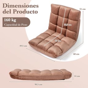 Sofá de chão dobrável 60 x 49,5 x 51 cm com encosto de 14 posições e enchimento de espuma macia para meditação, leitura e yoga Café