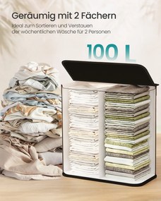 Cesto da roupa suja com 2 compartimentos, 100 L, com tampa, saco de bambu preto
