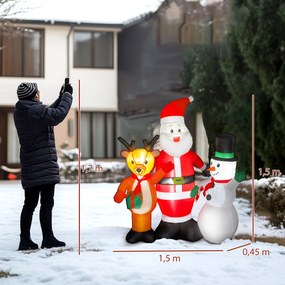Pai Natal Insuflável com Rena e Boneco de Neve Decoração de Natal Insuflável com Luzes LED 150x45x150 cm Multicor