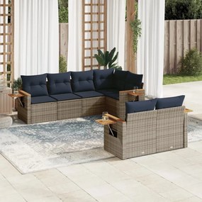 7 pcs conjunto sofás p/ jardim c/ almofadões vime PE cinzento